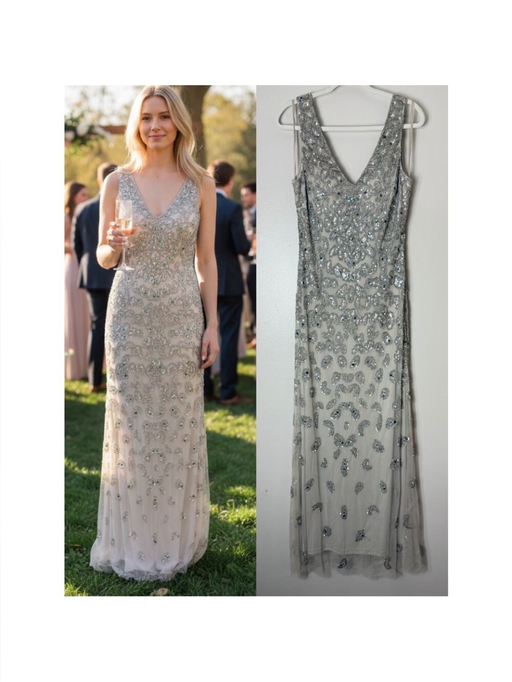 Embellished V-Neck Maxi Dress in Silver
